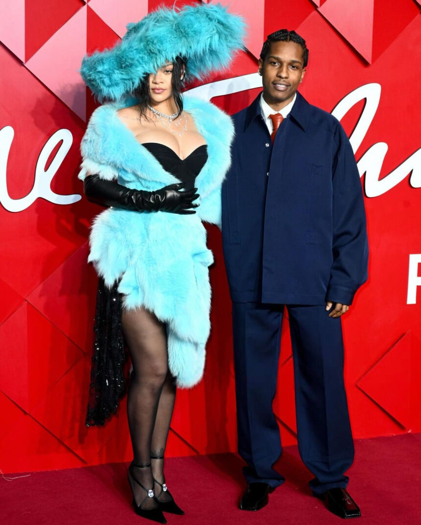 Fashion Bomb Couple: Rihanna Attended the 2024 Fashion Awards with A$AP Rocky in a Turquoise Christian Lacroix FW02 Look with YSL Heels, and a Tyler Ellis Clutch