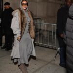 Rihanna Stepped Out in a Grey Patou Look with a Loewe Jacket, Bottega Veneta Sunglasses and Amina Muaddi Knit Boots