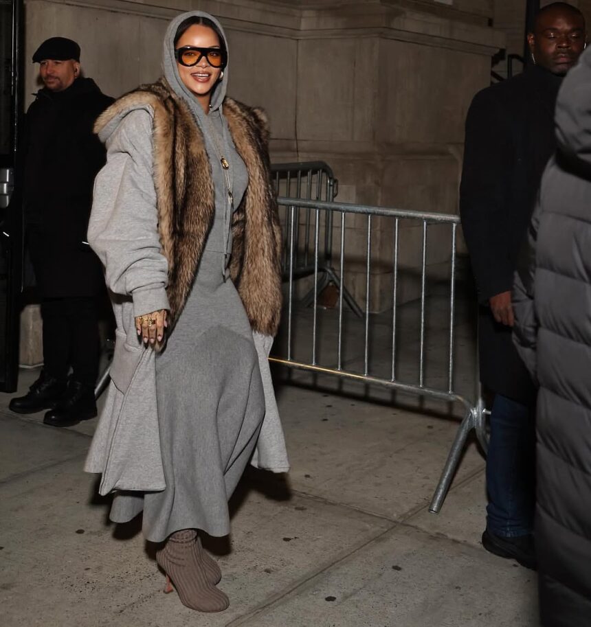 Rihanna Stepped Out in a Grey Patou Look with a Loewe Jacket, Bottega Veneta Sunglasses and Amina Muaddi Knit Boots