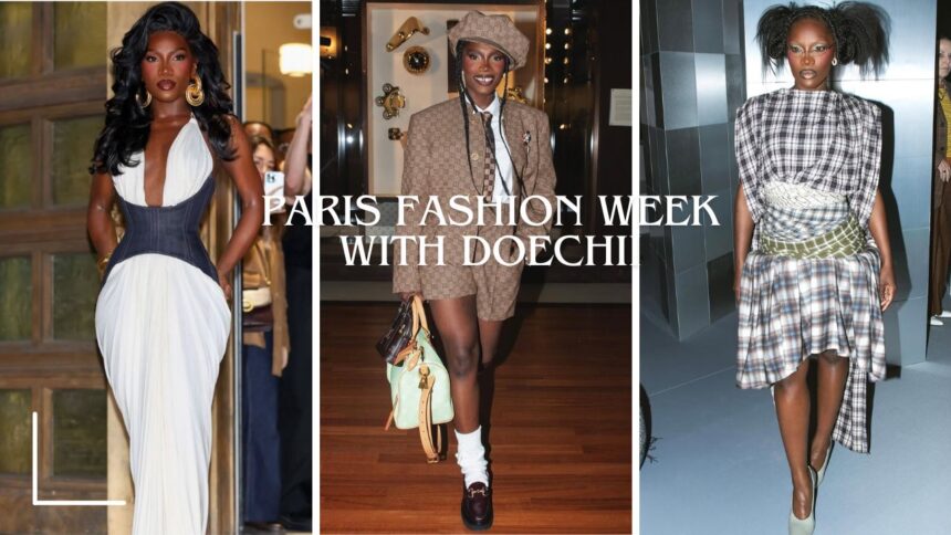 Doechii Slays at Paris Fashion Week in Blue Denim Corset Schiaparelli Gown, a Louis Vuitton Monogram Look, A Plaid Acne Studios Dress + More!