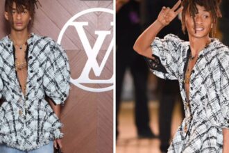 Jaden Smith Wore a Black and White Tweed Louis Vuitton SS25 Blazer with Light Blue Denim Jeans and a Petite Malle bag to Paris Fashion Week Show