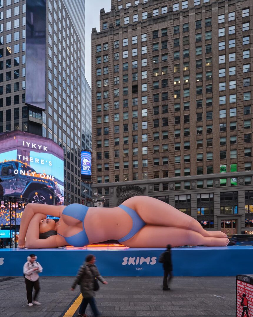 Kim Kardashian Promotes Skims Swim with a Blue Bikini Clad Blow Up Doll in Times Square