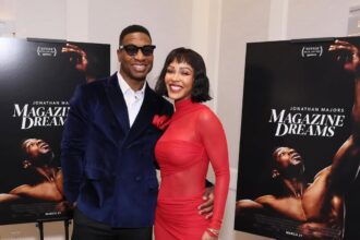 Meagan Good Posed with Her Husband Jonathan Majors in a Red Do Long Official Dress at the ‘Magazine Dreams’ Screening