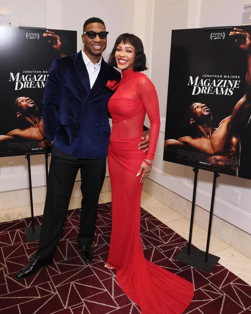 Meagan Good Posed with Her Husband Jonathan Majors in a Red Do Long Official Dress at the ‘Magazine Dreams’ Screening