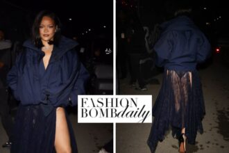 Rihanna Attended Rolling Loud in a Navy Blue $2,450 Balenciaga Upside Down Windbreaker Jacket