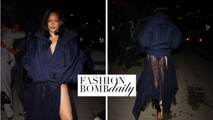 Rihanna Attended Rolling Loud in a Navy Blue $2,450 Balenciaga Upside Down Windbreaker Jacket