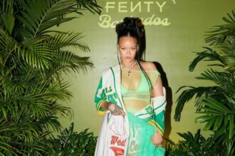 Rihanna Celebrated the Latest Fenty X Puma Collection in a White Pinstripe Jersey and a Seafoam Green Skirt