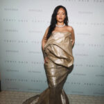 Rihanna Fuels Baby Bump Rumors in Rick Owens Spring 2025 Voluminous Metallic Strapless Dress at Fenty Beauty Event in Paris
