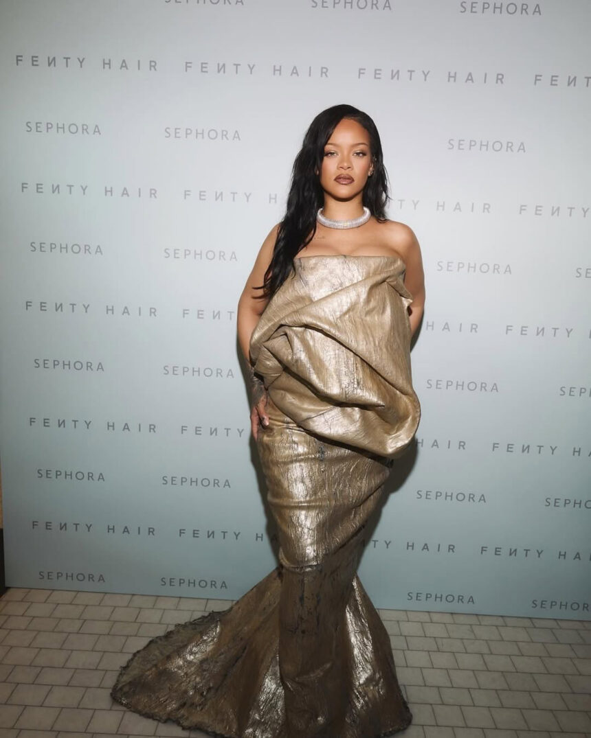 Rihanna Fuels Baby Bump Rumors in Rick Owens Spring 2025 Voluminous Metallic Strapless Dress at Fenty Beauty Event in Paris