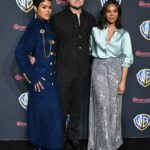 Teyana Taylor Wore a Navy Schiaparelli Coat Alongside Leonardo DiCaprio and Regina Hall in a Aqua Vince Top and Tom Ford Sequins Pants While Promoting New Film