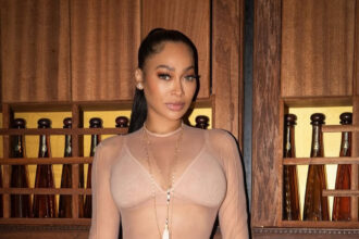 You Ask, We answer! LaLa Celebrated in a Nude Sheer Alex Perry Mesh Top and Mini Skirt