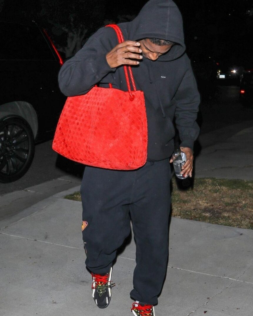 Fashion Bomb Mens: A$AP Rocky Stepped Out Wearing a New Bottega Winter ’24 Large Intrecciato Andiamo Bag