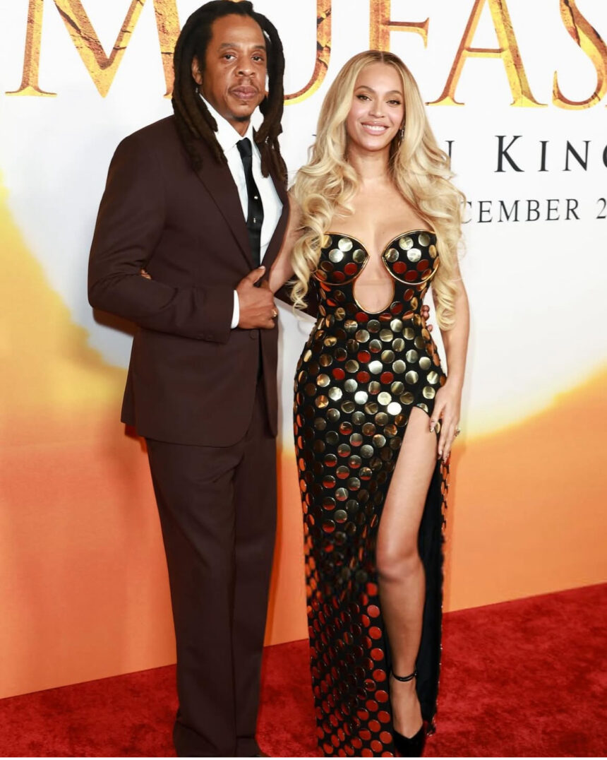 Beyoncé Stuns in a Gold Studded Balmain x Lion King Dress, Blue Ivy Exudes Glamour in a Gold Christian Siriano Gown and Jay-Z Looks Dapper in Fendi at the Disney Mufasa Premiere