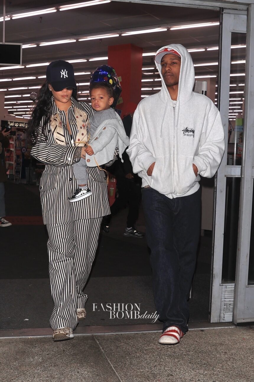 Rihanna and ASAP Rocky Shop at CVS with Son Riot Rose in Striped Bottega Veneta and Stussy