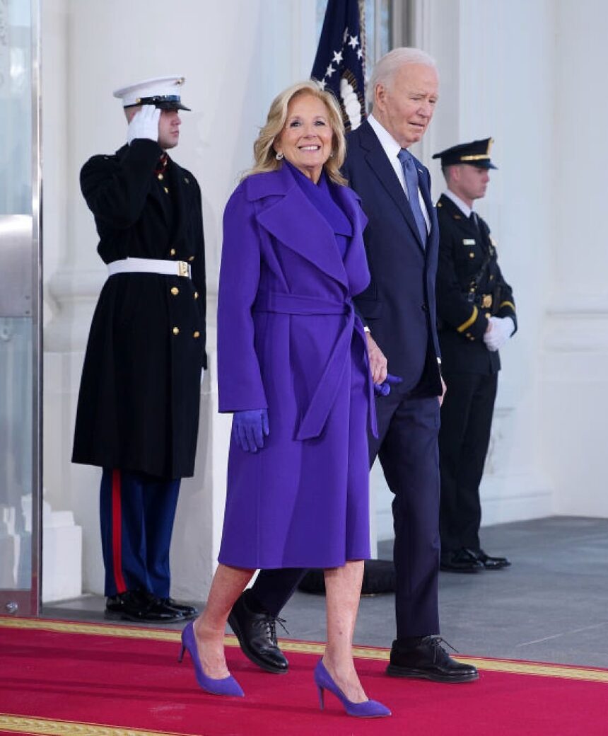 Dr. Jill Biden Waves Goodbye to the White House in a Purple Ralph Lauren Coat