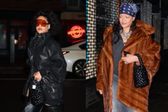 Rihanna Steps out In New York City in Bottega Veneta’s Black Kalimero Bucket Bag