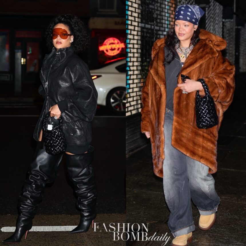 Rihanna Steps out In New York City in Bottega Veneta’s Black Kalimero Bucket Bag