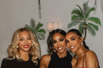 Kelly Rowland Celebrated Her Birthday in a Deep Purple Custom Lena Berisha Gown, Alongside Beyonce in a Black Vintage Patrick Kelly Dress, and Michelle Williams in a Custom Red Gasanova Dress