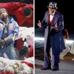 Kendrick Lamar Performed at the Super Bowl LIX in a Custom Blue, White and Red Martine Rose Leather Jacket and Light Blue Celine Jeans