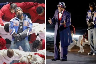 Kendrick Lamar Performed at the Super Bowl LIX in a Custom Blue, White and Red Martine Rose Leather Jacket and Light Blue Celine Jeans