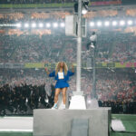 Serena Williams Crip Walks on Stage at the Super Bowl LIX in a Cobalt Blue Nike Crop Jacket and Mini Tennis Skirt