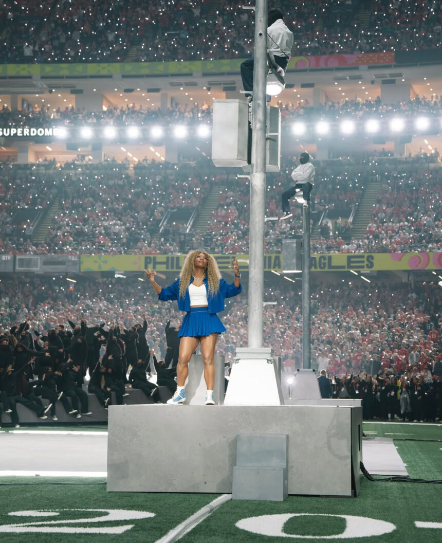 Serena Williams Crip Walks on Stage at the Super Bowl LIX in a Cobalt Blue Nike Crop Jacket and Mini Tennis Skirt