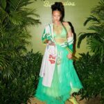 Rihanna Celebrated the Latest Fenty X Puma Collection in a White Pinstripe Jersey and a Seafoam Green Skirt