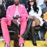 Mariah The Scientists Courtside Basketball with Young Thug Wearing a $740 Coperni Gathered Hem Shirt Dress and Amina Muaddi Boots